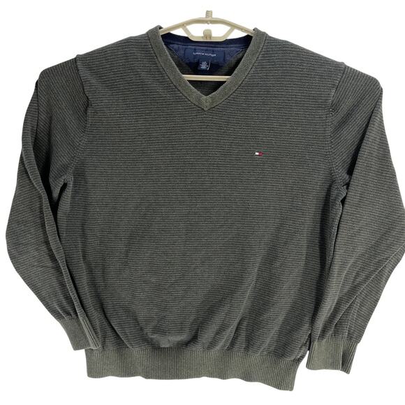 Tommy Hilfiger Sweater Mens Size L Green Blue Striped 100% Cotton V-Neck Preppy - Picture 2 of 7